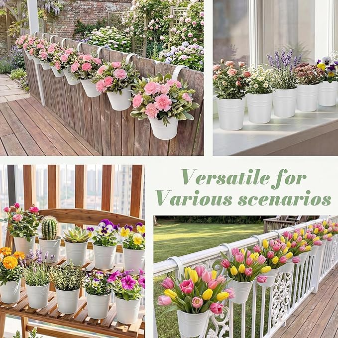 HowRU Hanging Flower Pots, Railing Planter Box for Outdoor Plants 12 Pack 5 Inch Metal Hanging Planters with Detachable Hooks Balcony Window Fence Garden Decoration Flower Boxes, White