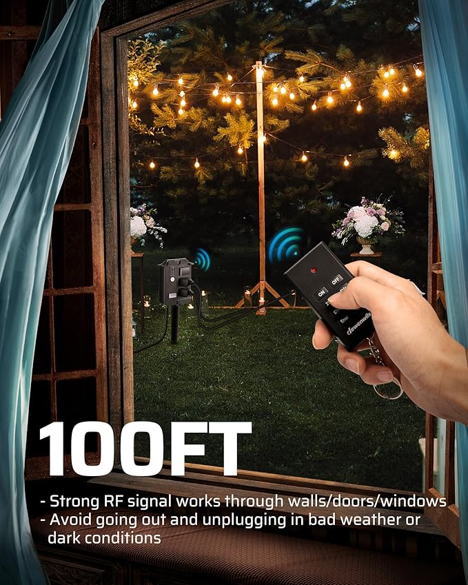 DEWENWILS Outdoor Power Stake Timer Waterproof, 6 Grounded Outlets, 6FT Extension Cord, 100FT Wireless Remote Control, Photocell Dusk to Dawn Timer for Lights, Yard, Garden, UL Listed