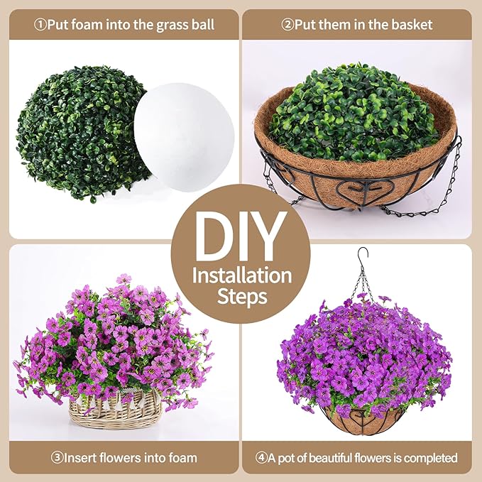 Artificial Hanging Flower for Outdoors, Fake Hanging Basket for Outside,1 Hanging Basket with 13 Pcs Faux Silk Flowers for Porch, Balcony and Patio Decor(Purple)