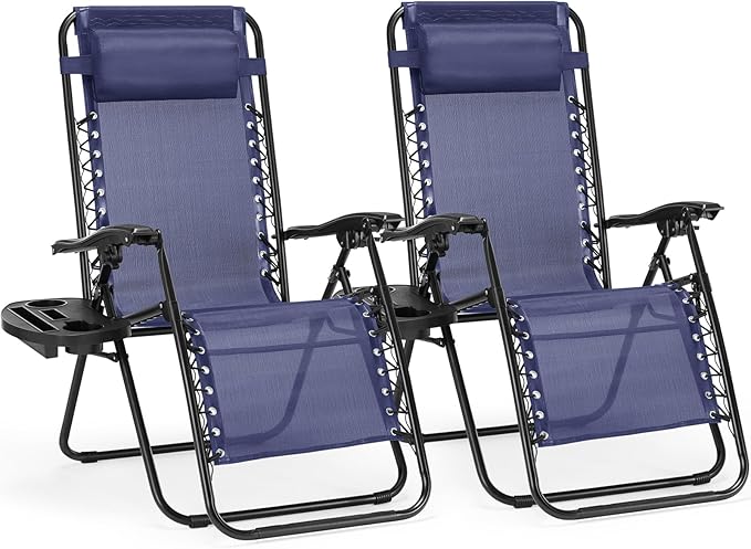 NEWBULIG Zero Gravity Chair Set of 2, Lounge Chair Folding Portable Adjustable Camping Reclining Chairs with Adjustable Pollow, Mesh Back, Cup Holder Trays Lawn Patio Chair for Pool Beach - Blue