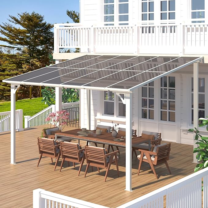 AECOJOY 12' x 10' Outdoor Gazebo Pergola for Patio, White Large Wall-Mounted Hardtop 10x12 Lean to Metal Gazebo Shelter Pergolas and Gazebos Clearance with Patio Roof, Heavy Duty Awnings for Backyard
