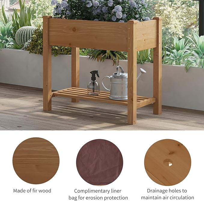 FILWH Raised Garden Bed with Legs Elevated Wooden Planter Box Stand Large Planter Stand Box for Fruits Vegetables Flowers with Divider with Bag - 34x18x30.5IN（Brown）