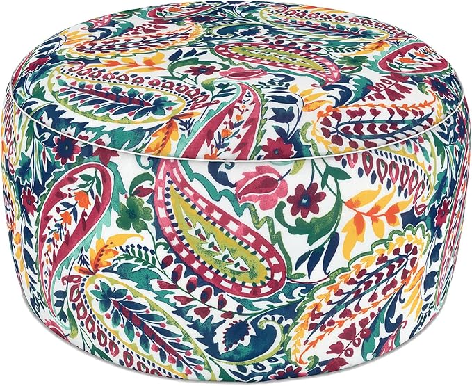 LVTXIII Indoor/Outdoor Extra Large Inflatable Ottoman Pouf D31 x H14 Inch, Round Footstool with Handle, Weather-Resistant Portable Furniture for Patio, Camping, Beach, Vigour Paisley