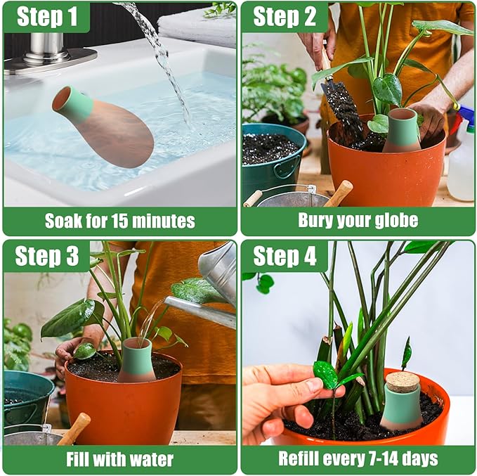 4PCS Terracotta Watering Spikes, Ollas Self Watering Globes, Slow Release Self Watering Planter Insert, Plant Watering Globes for Indoor and Outdoor Plants
