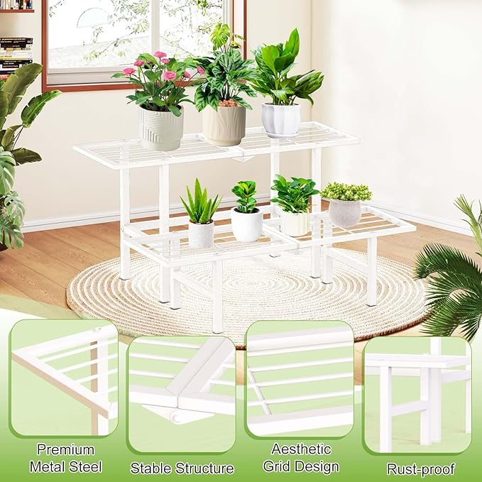 2 Tier Metal Plant Stand Outdoor Indoor, Separated Tiered Outdoor Folding Plant Shelf, Ladder Plant Stands Display Rack for Garden Window, 8.3/15.4'' Tall (White)