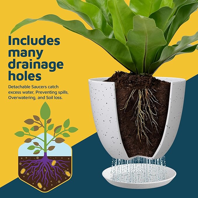 White Gray Plant Pots with Drainage Holes & Saucers 5 Pack, Indoor & Outdoor Stackable Space-Saving Planters for Houseplants & Flowers, (7", 6.7", 6", 5.3", and 4.8" Inches), Durable & Weatherproof