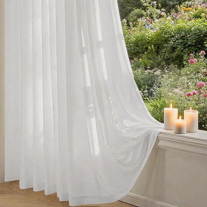 Non-See-Through White Privacy Sheer Cafe Curtains 84 inches Long 2 Panels, 52" Wide Rod Pocket Window Drapes for Hallway Classroom Dorm Room Gym Room Living Room Bedroom