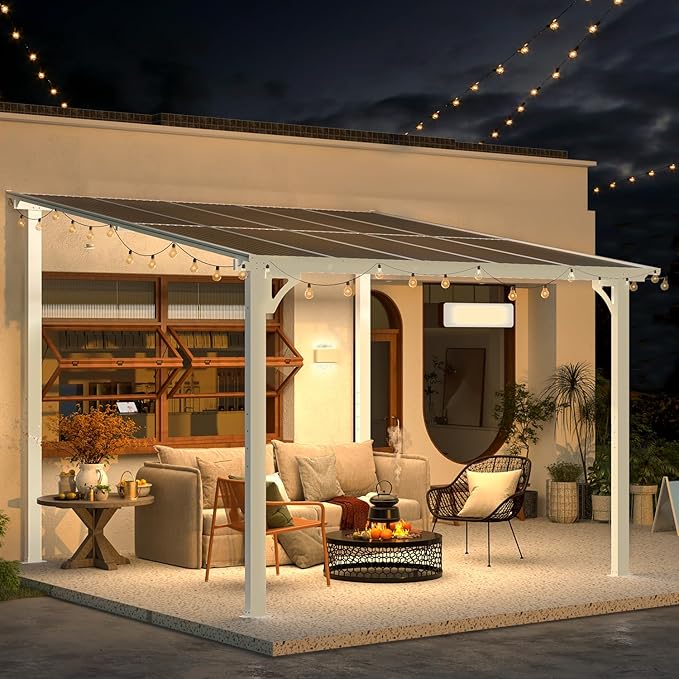 AECOJOY 10' x 10' Pergola Gazebo in White, Small Wall Mounted Pergolas and Gazebos on Clearance, Outdoor Patio Lean to Gazebo Metal Awnings for Deck, Porch, Backyard and More