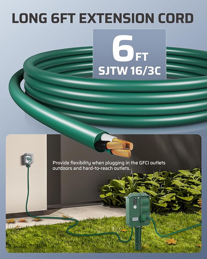 DEWENWILS Outdoor Power Stake Timer Waterproof, 6 Grounded Outlets, 6FT Extension Cord, 100FT Wireless Remote Control, Photocell Dusk to Dawn Timer for Lights, Yard, Garden, UL Listed