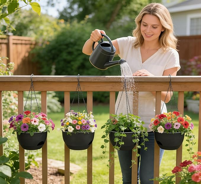 Set of 2-8 Inch Self Watering Hanging Planters for Indoor Outdoor，Hanging Plant Pots with Drainage & Removable Tray, Hanging Pots Holder for Ivy, Pothos, Ferns, Balcony & Patio, Black