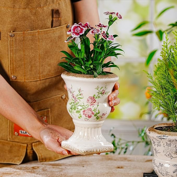 Sungmor Small Ceramic Urn Planter - Pink Scroll Floral Pedestal Flower Pot, Decorative Vintage Chinoiserie Style Planters, Tuscan Accent Vase Indoor Outdoor Plant Holder with Drainage