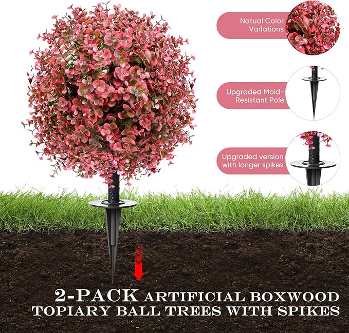 Artificial Topiary Bushes for Outdoors with Spike, Boxwood Ball Fake Shrubs UV Resistant Faux Plants for Indoor Outdoor Fall Thanksgiving Halloween Decor (Red Eucalyptus)
