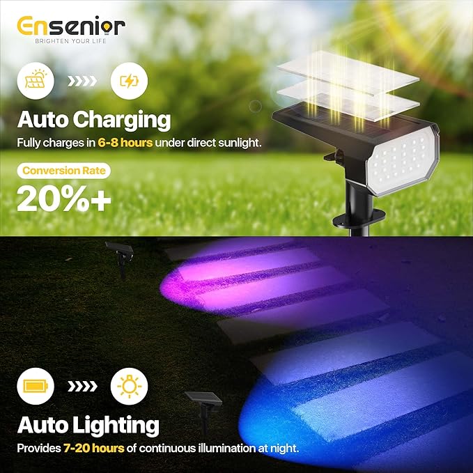 Ensenior Solar Spotlights Outdoor RGB, 7+1 Color Changing Mode Outdoor Landscape Lighting, IP65 Waterproof, Automatic ON/Off Solar Powered Spotlight Halloween Christmas Decorations (10-Pack)