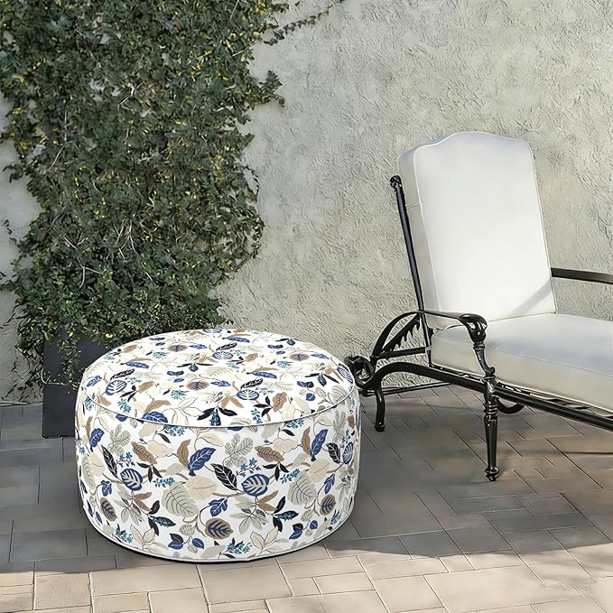 LVTXIII Indoor/Outdoor Extra Large Inflatable Ottoman Pouf D31 x H14 Inch, Round Footstool with Handle, Weather-Resistant Portable Furniture for Patio, Camping, Beach, Breeze Leaves Beige