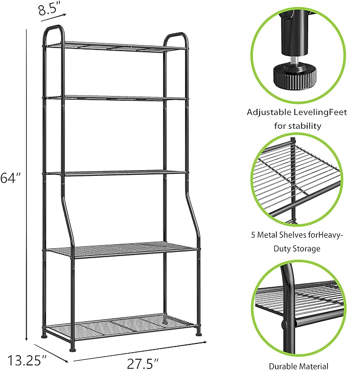 Simple Trending Plant Stand 5-Tier Plant Shelf for Indoor Outdoor, Waterproof Metal Tall Plant Stand for Living Room Bathroom Balcony Garden, Black