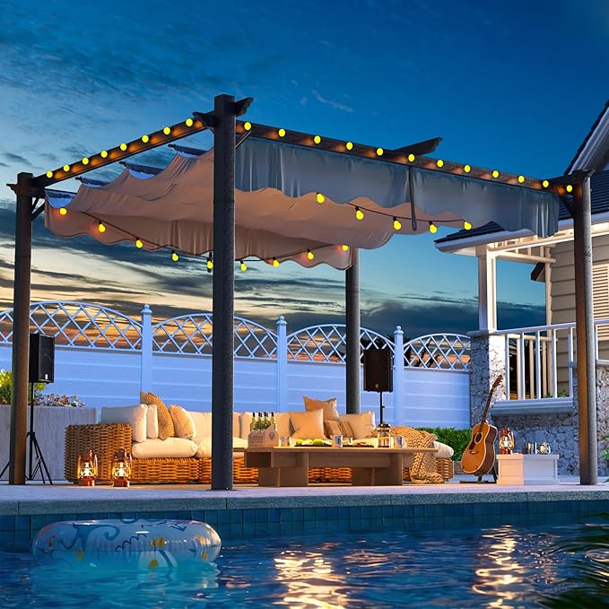 10'x12' Outdoor Pergola with Retractable Canopy, Patio Metal Heavy-Duty Gazebo Shelter for Backyard, Deck, Garden