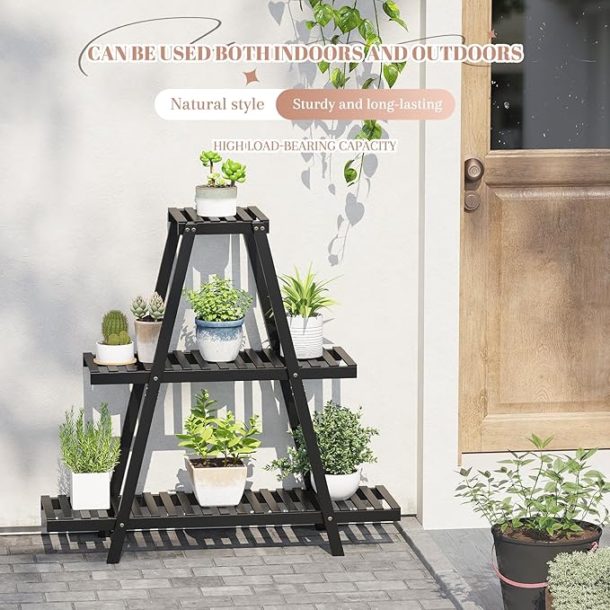 Plant Stand For Indoor Outdoor Tiered Plant Shelf 3 Tier 8 Potted Bamboo Flower Holder Ladder Rack For Multiple Triangle Table Plant Pot Stand (Black)