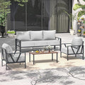 Outdoor Patio Furniture Set, 4 Pieces Metal Patio Furniture Set with Coffee Table, Modern Outdoor Patio Conversation Seating Set with 6” Thick Cushions, Light Grey