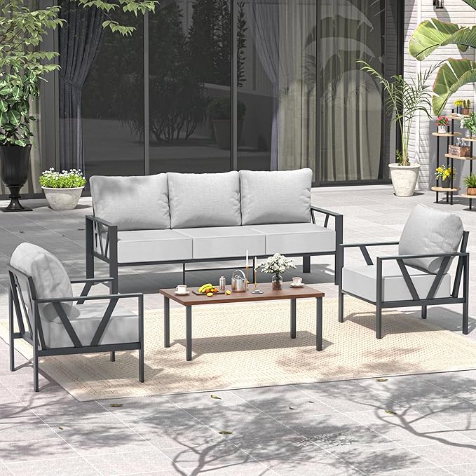 Outdoor Patio Furniture Set, 4 Pieces Metal Patio Furniture Set with Coffee Table, Modern Outdoor Patio Conversation Seating Set with 6” Thick Cushions, Light Grey