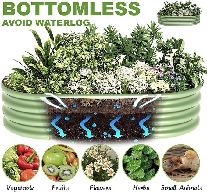 4x2x1ft-2pcs-Oval Raised Garden Bed Kit, Galvanized Planter Garden Boxes Outdoor, Metal Raised Garden Beds for Vegetables,Fruits, Flower,Green