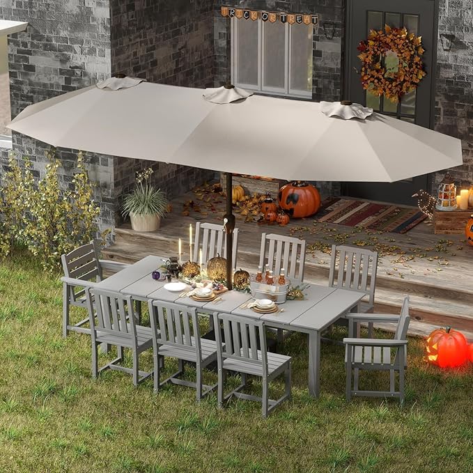 9-Piece Grey Outdoor Dining Set with White 15FT Large Patio Umbrella, 75.2'' HDPE Table & Chairs for 8, Weather-Resistant Furniture with Umbrella Hole for Patio, Lawn, Poolside