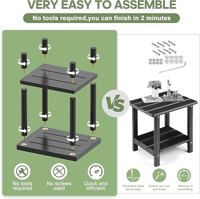 Outdoor Side Table, 2-Tier Small Outdoor Table for Patio, Adirondack Side Tables for Outside or Indoor, Bamboo End Table for Pool, Porch, Weather Resistant Easy Maintenance-Black