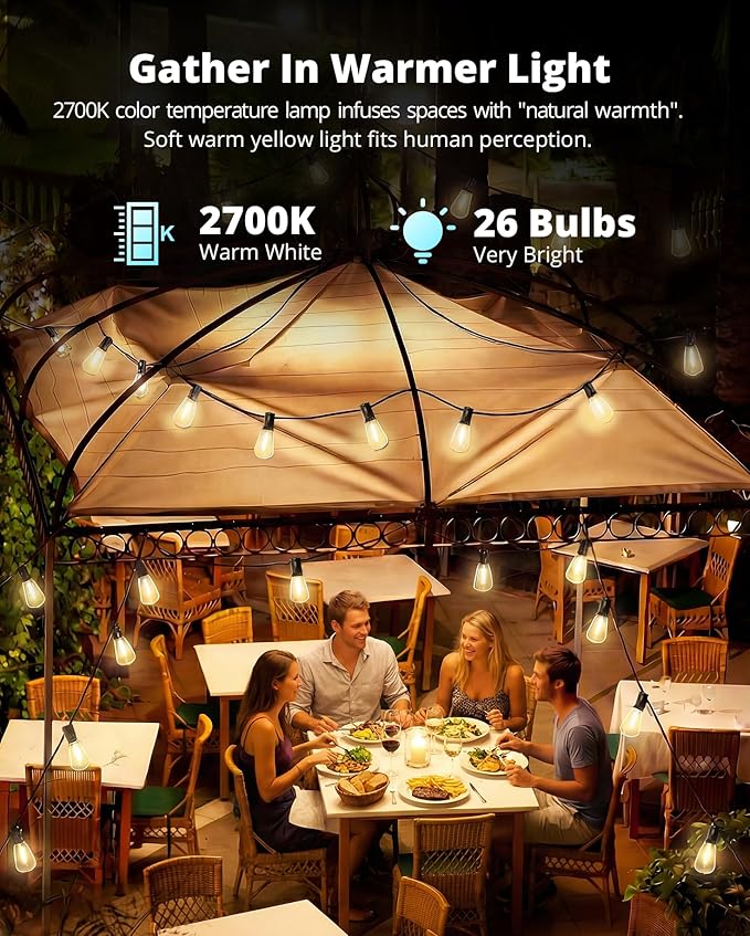 VIPAR Outdoor String Lights 60FT LED Patio Lights LED Waterproof with 26+2 Shatterproof ST38 Edison Bulbs, 2700K Connectable Outside Hanging Light for Porch, Garden, Backyard, Deck, Balcony, Decor
