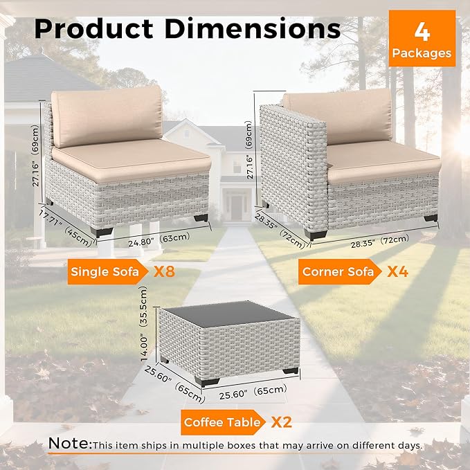 12-Seat Modular Patio Furniture Set – Outdoor Wicker Sectional Sofa with Thick 4″ Cushions, Dual-Strand PE Rattan, Rust-Resistant 18 mm Steel Frame, Backyard Garden Deck Lounge,Beige