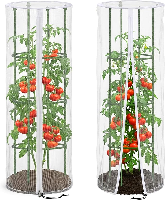 2 Pcs Garden Bird Netting Cover for Round Tomato Cage, 59" x 18" Tomato Trellis Insect Barrier Protection Mesh, Plant Cage Garden Net Cover with Zipper for Vertical Climbing Plants Vegetables Fruits