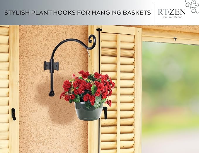 RTZEN Plant Hangers Indoor or Outdoor - Wrought Iron Metal Hanger Indoor Hook - Heavy Duty Wall Bracket Hooks for Hanging Plants Baskets Lanterns Wind Chimes - 2 Pack (Black Axe-Shape Hooks)