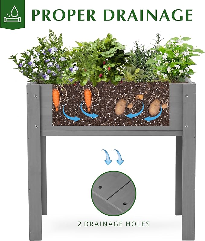 SoliWood Set of 2 Raised Garden Bed with Legs, 31x16x31'', Outdoor Wood Elevated Planter Box, Grey Cedar, Thick Legs, w/Liner