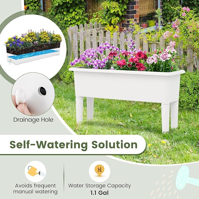 Giantex Raised Garden Beds Outdoor Set of 2, Self-Watering Planter Box with Detachable Legs & Drainage Hole, Outdoor Raised Container for Vegetable Fruit Herbs, 31.5”Lx12”Wx16”H, Easy Assembly (White)