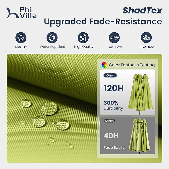 PHI VILLA 15ft Large Patio Umbrellas with Base, Outdoor Double-Sided Rectangle Market Umbrella for Pool Lawn Garden, Lime Green