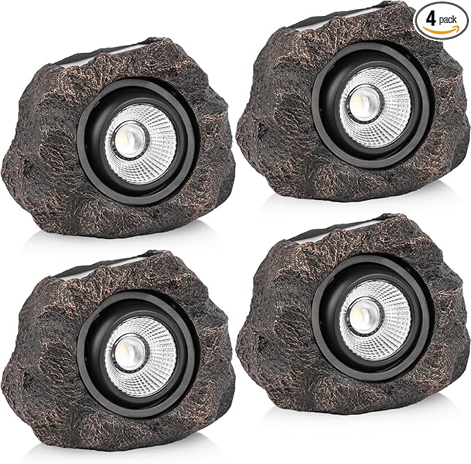 Solar Rock Lights Outdoor – 4 Pack Waterproof LED Landscape Garden Spotlights, Realistic Stone Design, Wireless Solar Powered Pathway Lights for Yard, Walkway, Patio & Lawn Decoration (Auto On/Off)