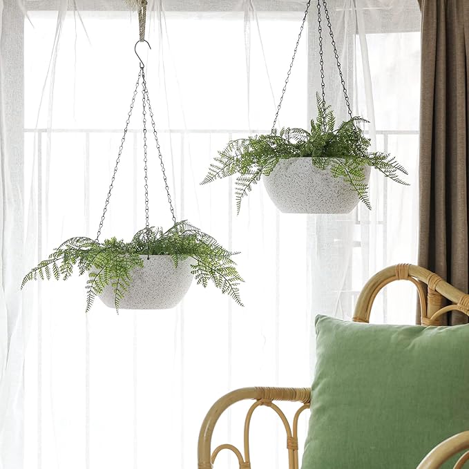 T4U 10 Inch Hanging Planters for Indoor Outdoor Plants - 2 Pack Plastic Hanging Flower Plant Pot with Drainage Hole, Round Hanging Plant Basket for Home Garden Porch Balcony Patio Decor (White)