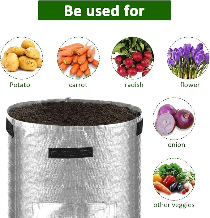 JJGoo Potato Grow Bags, 4 Pack 10 Gallon Potato Planter with Flap and Handles Planter Pots for Onion, Fruits, Tomato, Carrot - Grey