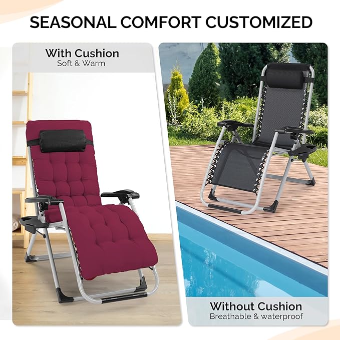 VINGLI Padded Zero Gravity Chair, Lounge Chair with Removable Cushion & Tray， Folding Reclining Patio Chairs， Recliner Chair for Lawn，Indoor Outdoor-Red
