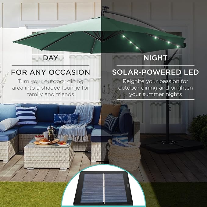 Best Choice Products 10ft Solar LED Offset Cantilever Hanging Market Patio Umbrella, 8 Sturdy Ribs, Easy Adjustment - Seaglass