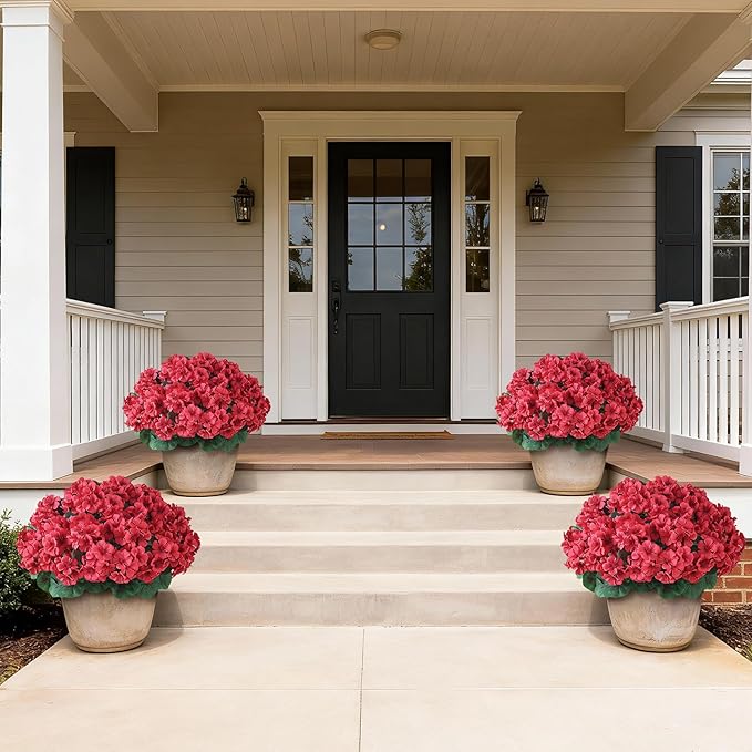 2 Pack Artificial Geranium Flowers Topitary Trees for Outdoors, UV Resistant Geraniums Potted Bushes Look Real Silk Faux Plants for Front Door Garden Porch Planter Farmhouse Home Decor (Red)