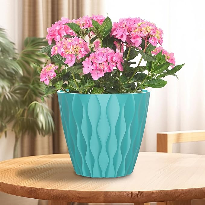 6 Pack 7 Inch Indoor Plant Pots with Drainage Holes, Outdoor Plastic Decorative Flower Pots, Garden Planters with Tray Saucers for Orchids, Violets, Succulents, Herbs, and Other Plants