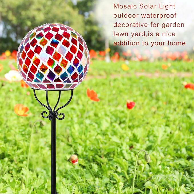 VCUTEKA Solar Outdoor Lights Garden Decor Mosaic Solar Garden Lights Waterproof Glass Ball LED Pathway Stake Light for Landscape Lawn Patio Yard Decoration 6 inch, Red