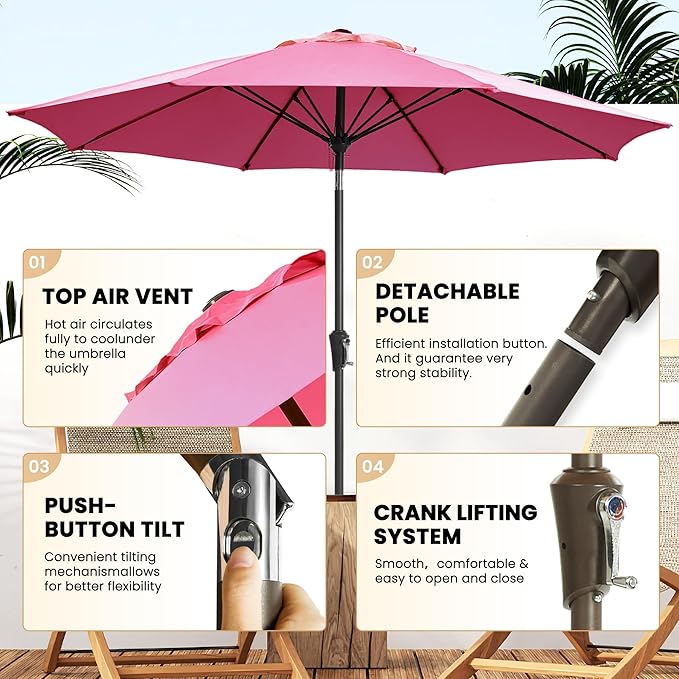 Ayge 9FT Large Outdoor Patio Umbrella Market Table Umbrella-UV Resistant, Easy Push Button Tilt and Crank, 8 Sturdy Fiberglass Ribs Heavy-Duty Pool Umbrella for Deck, Backyard,Garden,Rose Pink