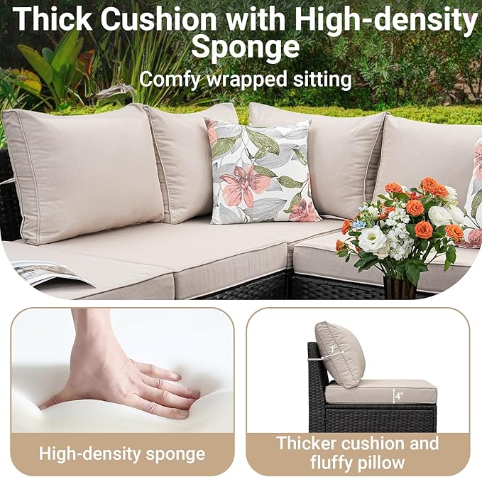 Jing's Villa 7-Piece Patio Furniture Set, All-Weather Outdoor Wicker Sectional Sofa with Cushions, Tempered Glass Table & Ottoman, Rattan Conversation Seating for Porch, Garden, Backyard,Beige