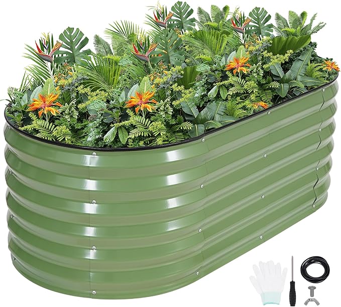 G GOOD GAIN Raised Garden Beds - 4x2x1.4ft Galvanized Planter Boxes Kit with Protective Tape & Gloves & Tools | Oval Metal Outdoor Raised Bed for Gardening Vegetables, Fruits, Flowers, Herbs, Oliver