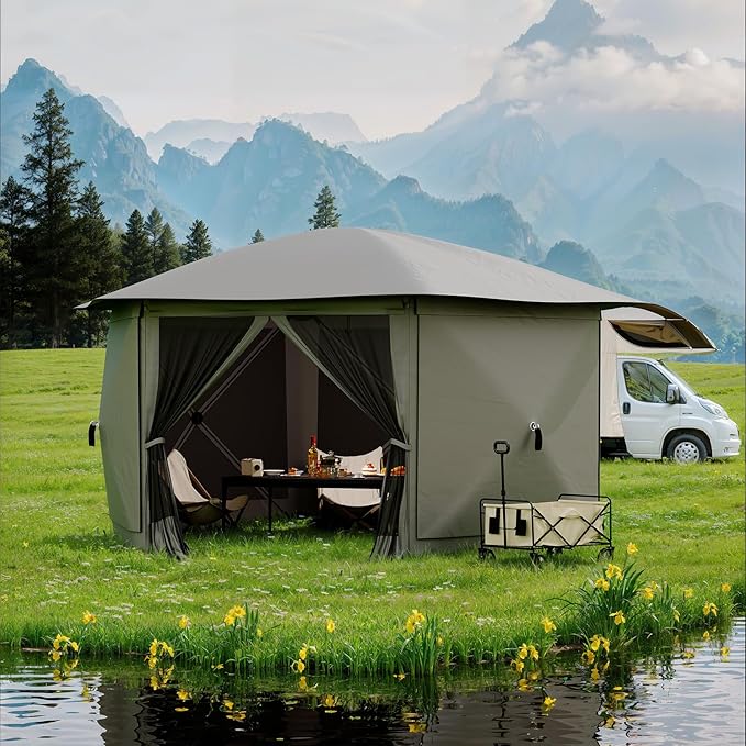 13x13FT 6-Sided Pop Up Gazebo Tent，One-Push Setup Canopy Tent with Removable Canopy Top & Wind Cloths, Outdoor shelter for Camping, Backyard Parties, Outdoor Events - Grey
