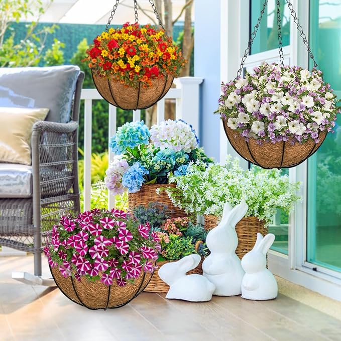 ZeeDix 6 Pack 14 Inch Metal Round Hanging Planter Basket with Coconut Liners Replacement, Hanging planters Baskets with Natural Coco Liner for Outdoor Indoor Planters Flowers Vegetables