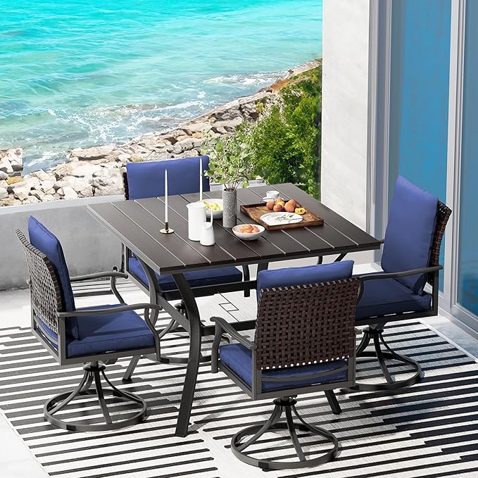 LEVELEVE 5 Piece Outdoor Patio Dining Set with 4 Swivel Dining Chairs & 1 Large Round Dining Table,Bistro Furniture Set for Lawn, Garden, Deck, Backyard and Porch