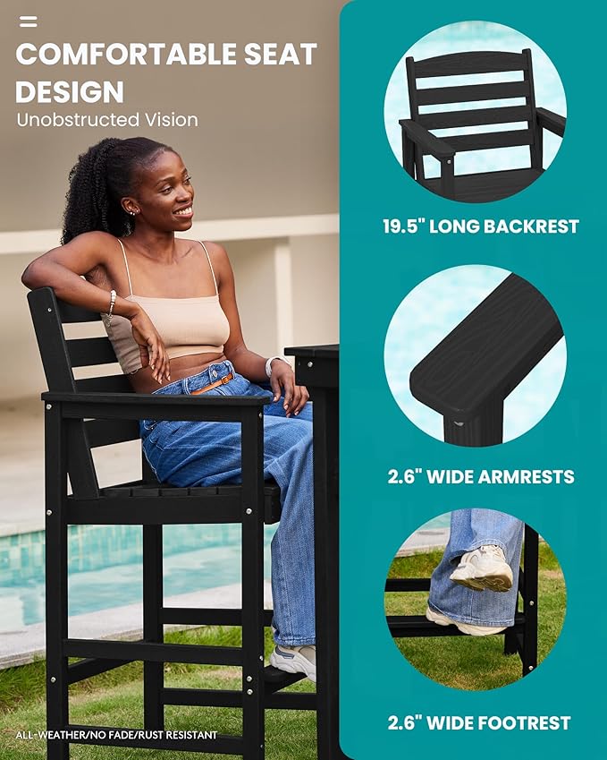 SERWALL Outdoor Bar Table and Chairs Set, Adirondack Bar Chairs Set of 2 and Bar Height Table, All Weather HDPE Patio Bar Set, Outdoor Furniture for Outside, Black