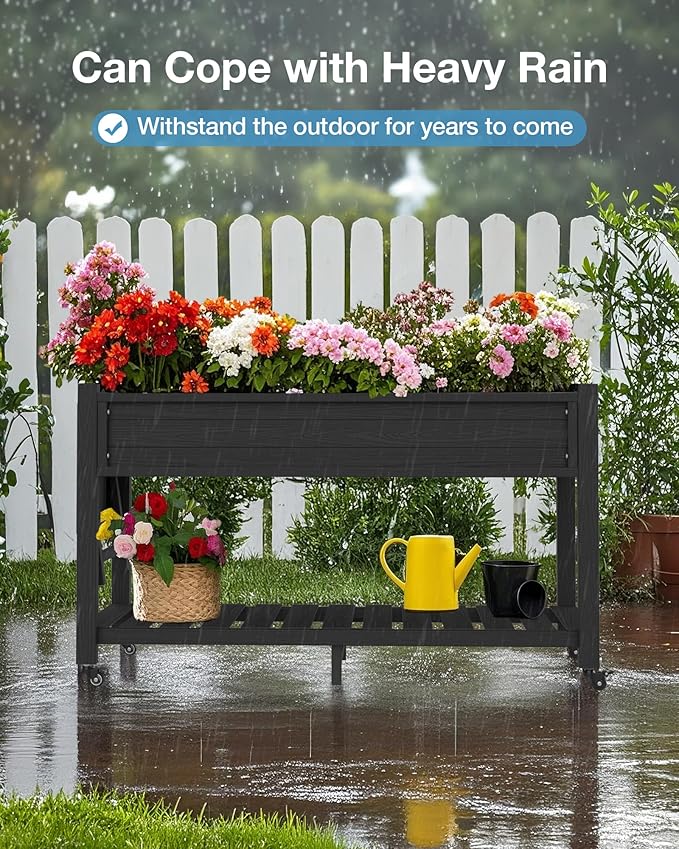 YEFU Raised Garden Bed with Legs: 57x18x30in Elevated Poly Planter with Wheels,Waterproof Mobile Raised Bed Garden, Elevated Planter Box Stand with Storage Shelf,For Deck,Patio,Porch,Yard (Black,4pcs)