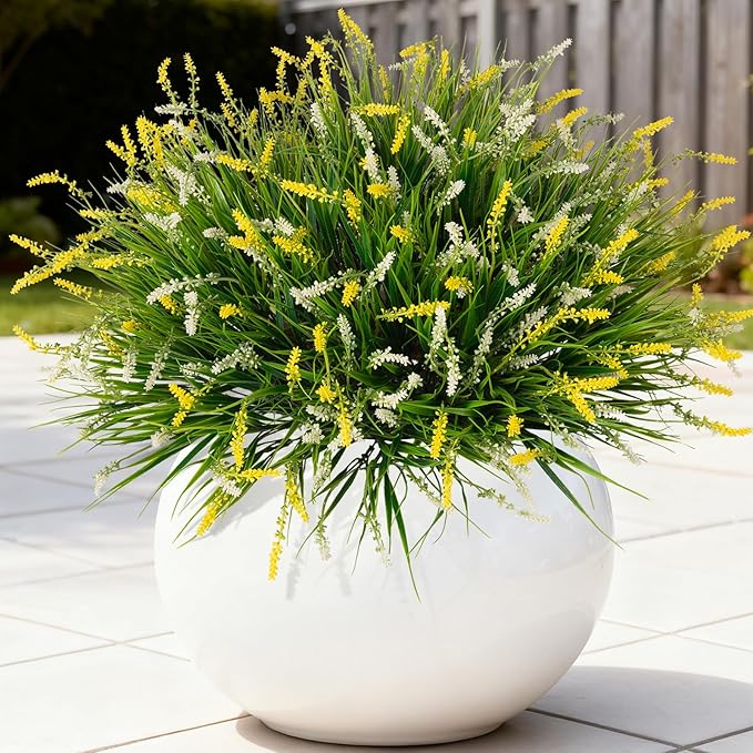 Artificial Faux Plants for Outdoor Spring Decoration, 12 Pcs Fake Monkey Grass for Garden Porch Balcony Planters, Fake Flowers Shrubs UV Resistant No Fade Plants Greenery Bush(Yellow White)